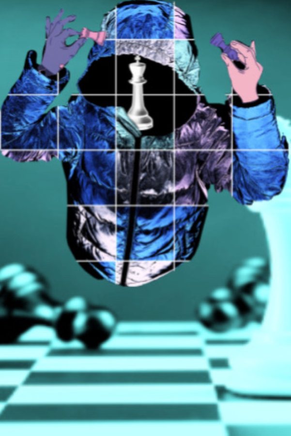 Fragmented hooded figure above a checkerboard in a digital collage