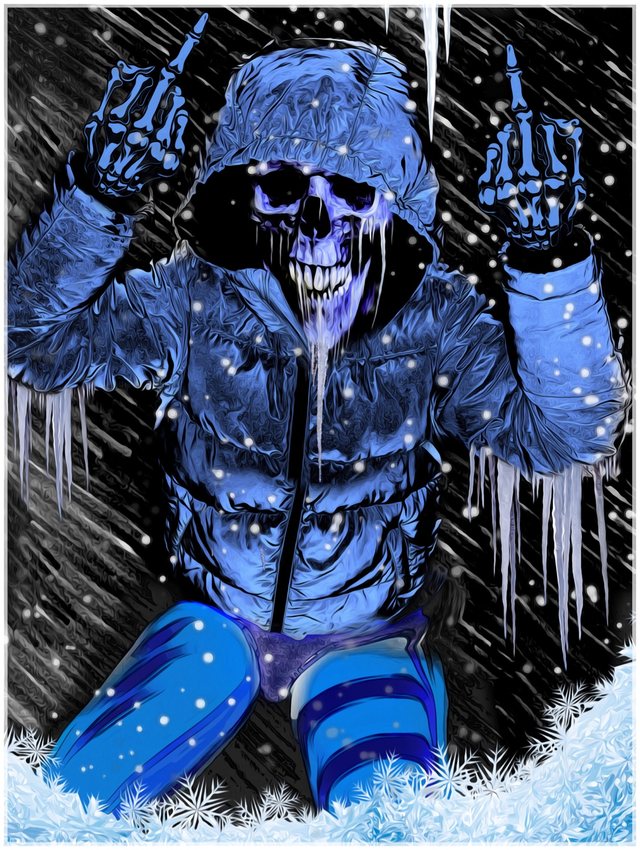 Blue skeletal hooded figure in a snowstorm rendered digitally