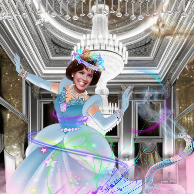 Molly, a digital collage of a woman in a blue ballgown with neon effects in a grand hall
