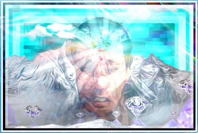 Digital artwork with diamonds, a mountainous landscape, and a turquoise geometric background
