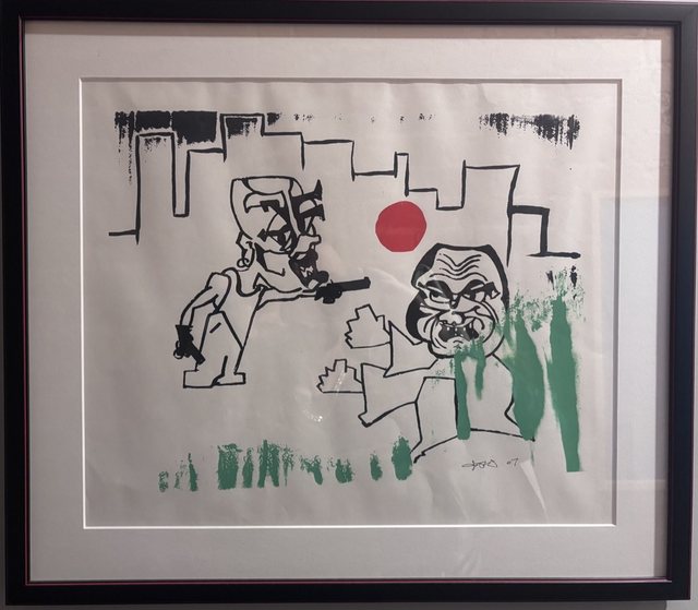 Fists to a Gunfight screen print with two figures and a red sun