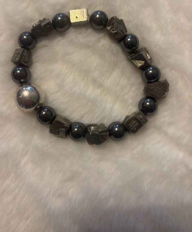 Hematite and raw pyrite bracelet with silver-tone bead