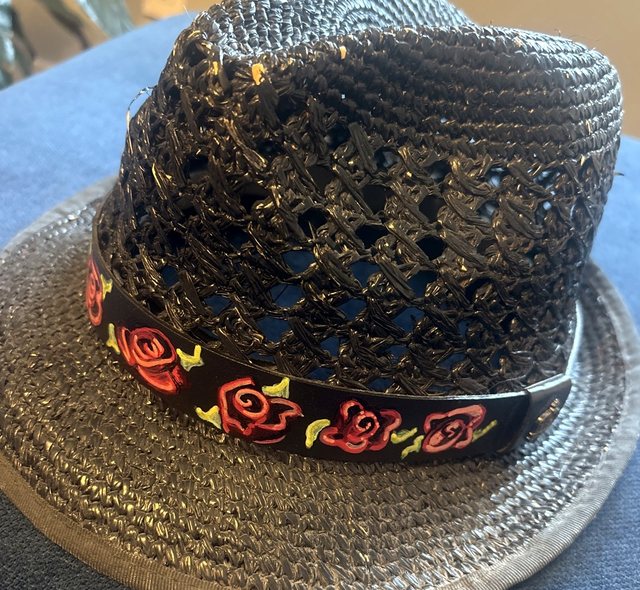 Black straw fedora with a hand-painted red rose band