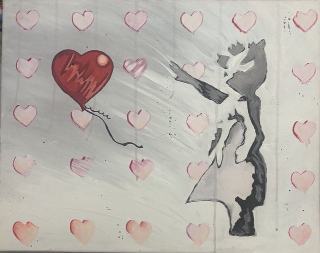 Slo-anksy, a girl reaching toward a red heart balloon surrounded by pink hearts