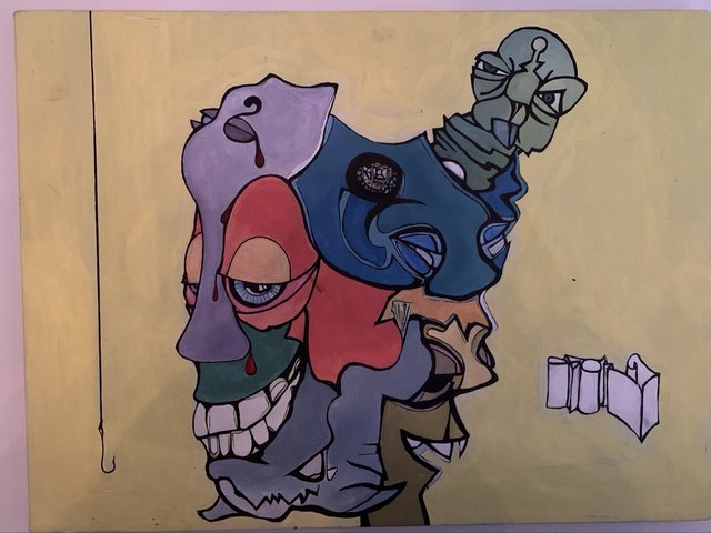Trippin, an abstract painting of overlapping colorful faces